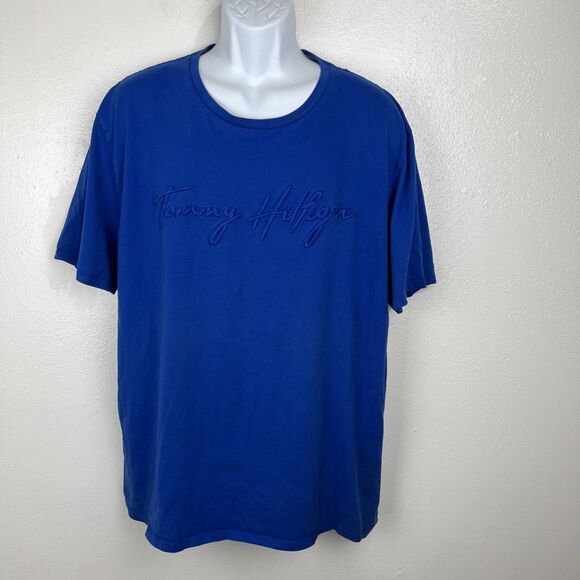 Tommy Hilfiger Shirt Men XXL Blue Short Sleeve Crew Neck Spellout Embroidery Tee - Picture 14 of 14